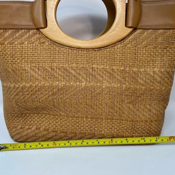Fossil Handbag Wooven Straw Wood Handle Vintage Y2K Tan Aztec Like Pattern - Picture 3 of 8